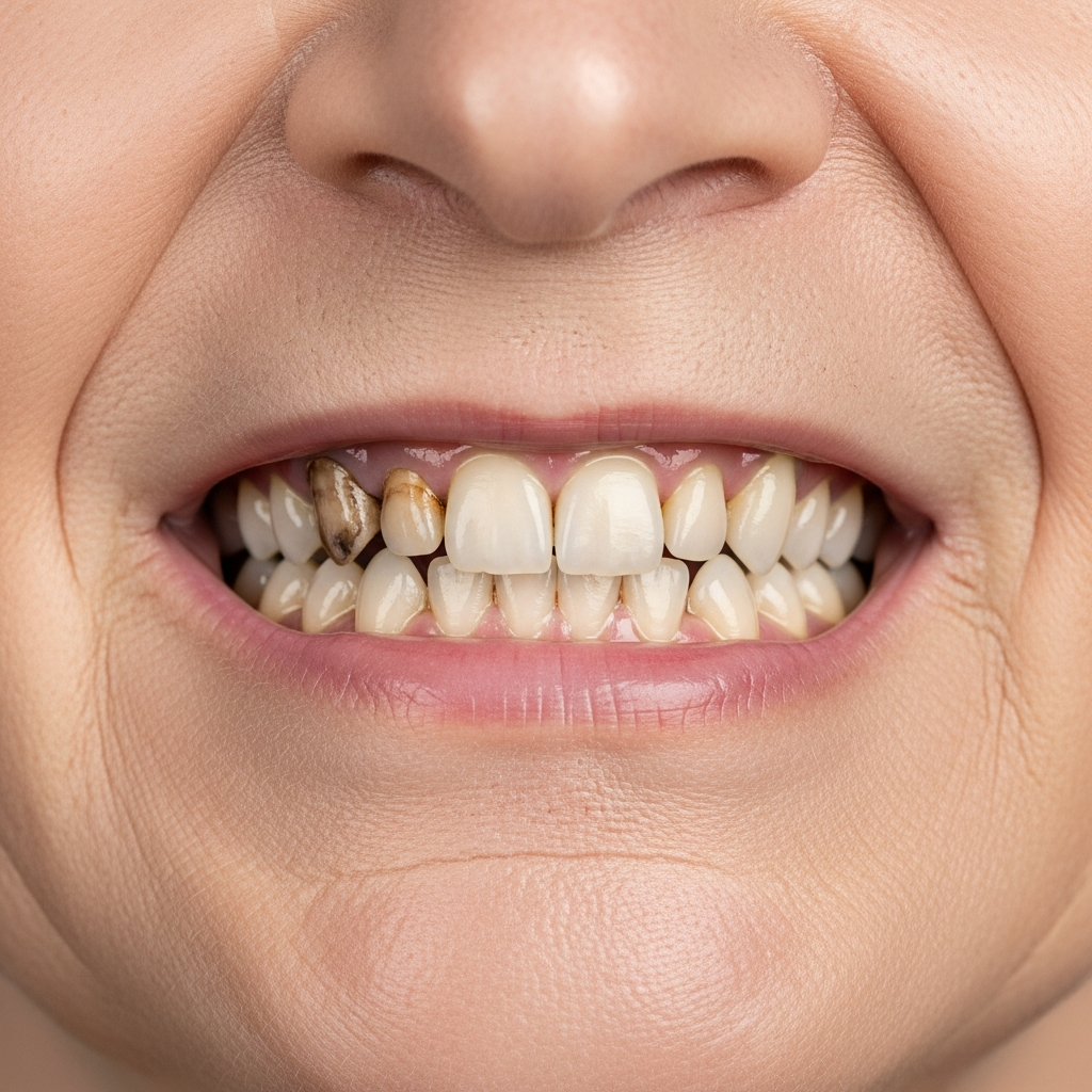 Illustration: smile before full arch dental implant treatment — example 1