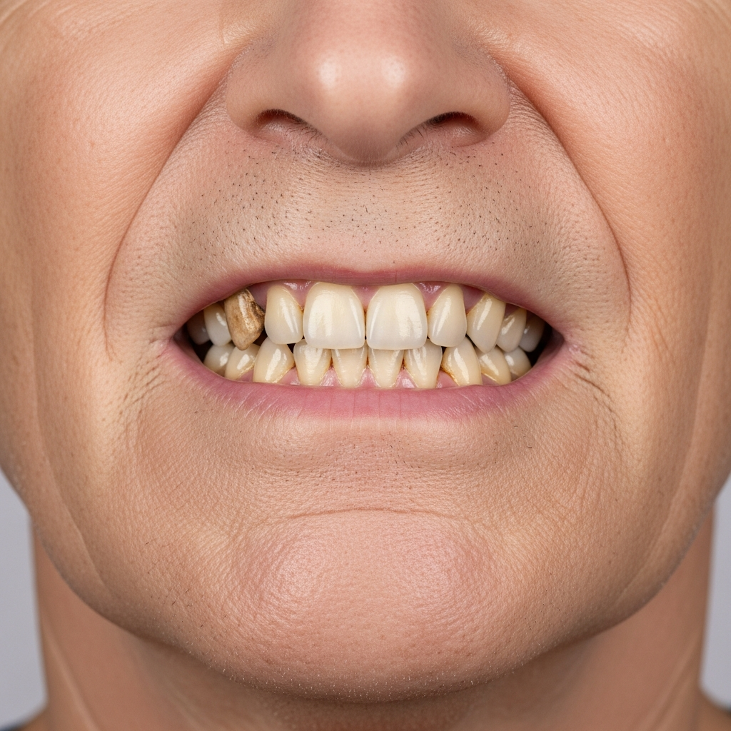 Illustration: smile before full arch dental implant treatment — example 2