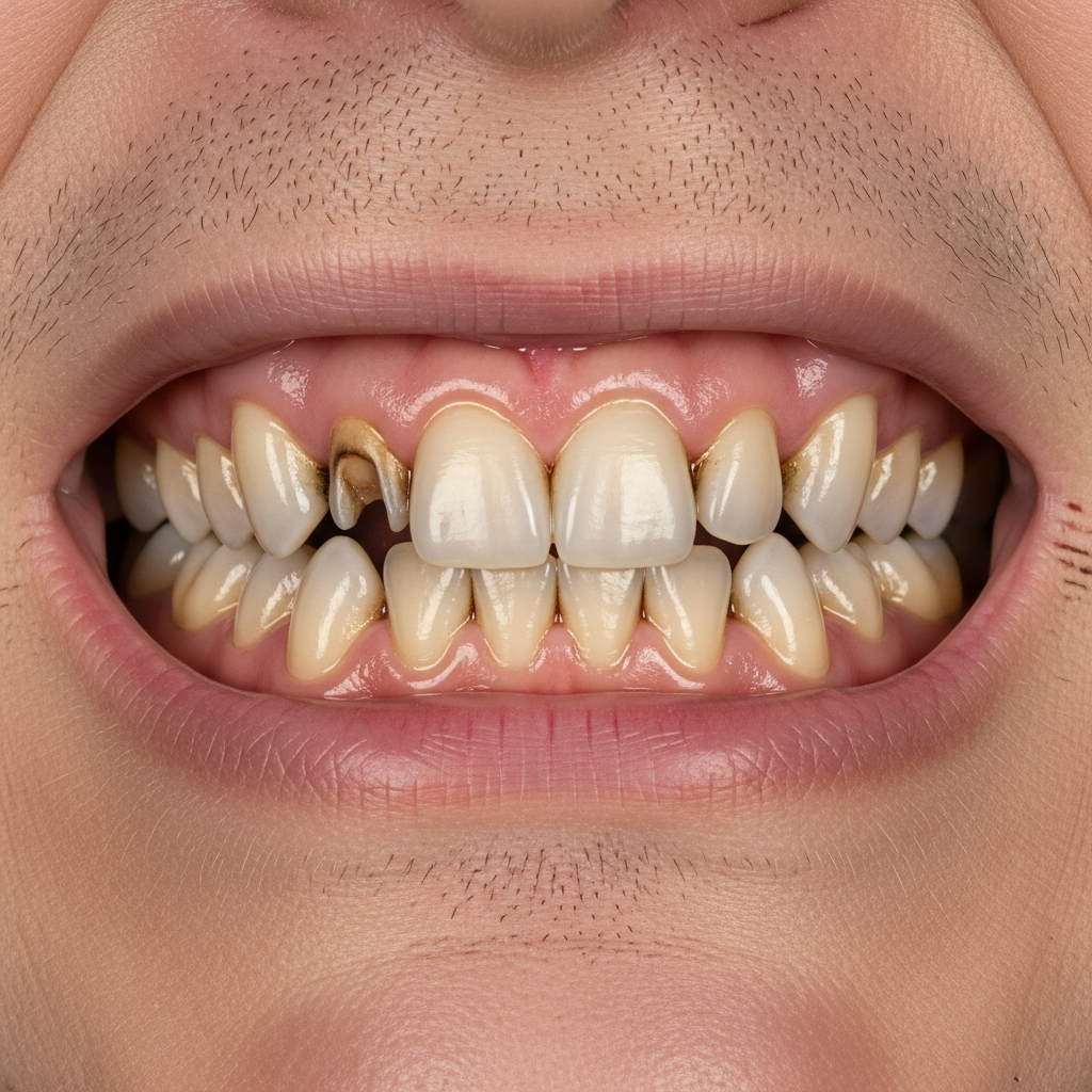 Illustration: smile before full arch dental implant treatment — example 3