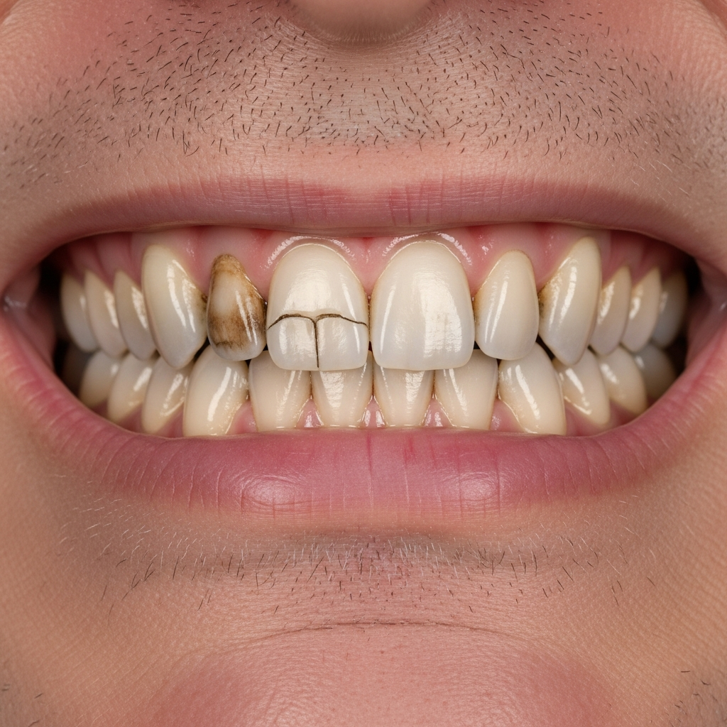 Illustration: smile before full arch dental implant treatment — example 4