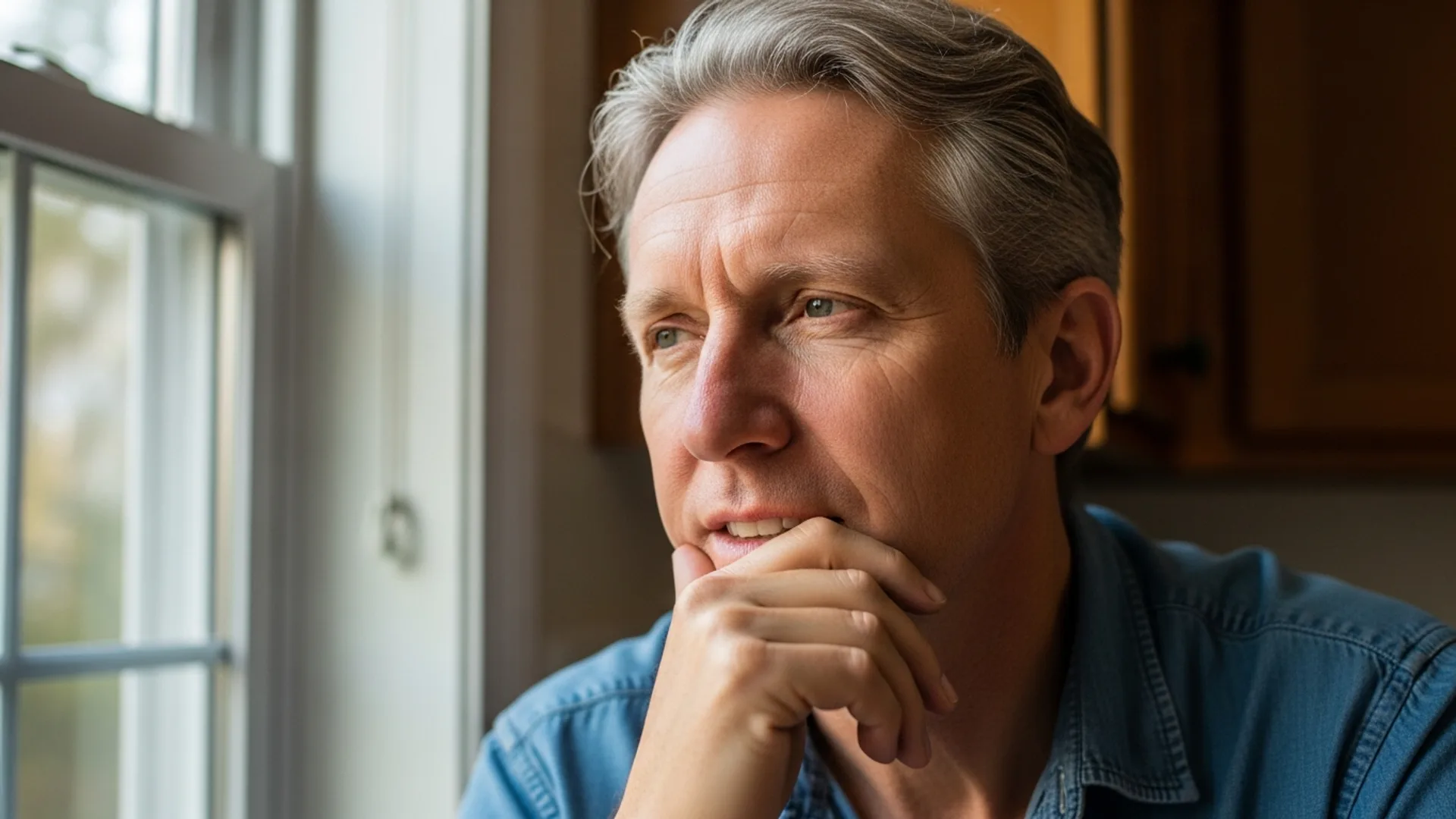 A 50-something patient sitting at home in soft afternoon light, hand resting near a closed mouth, looking thoughtful.