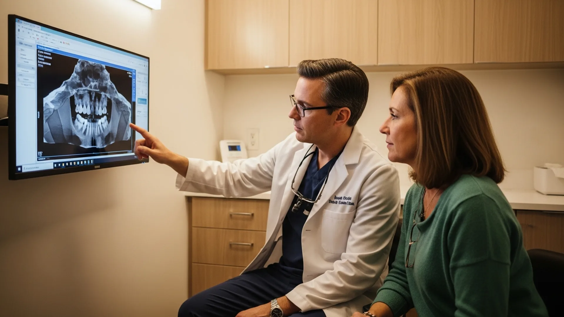 An OSOI surgeon and a patient sitting together reviewing a 3D CBCT scan of the jaw on a wall-mounted monitor in a warm consult room.