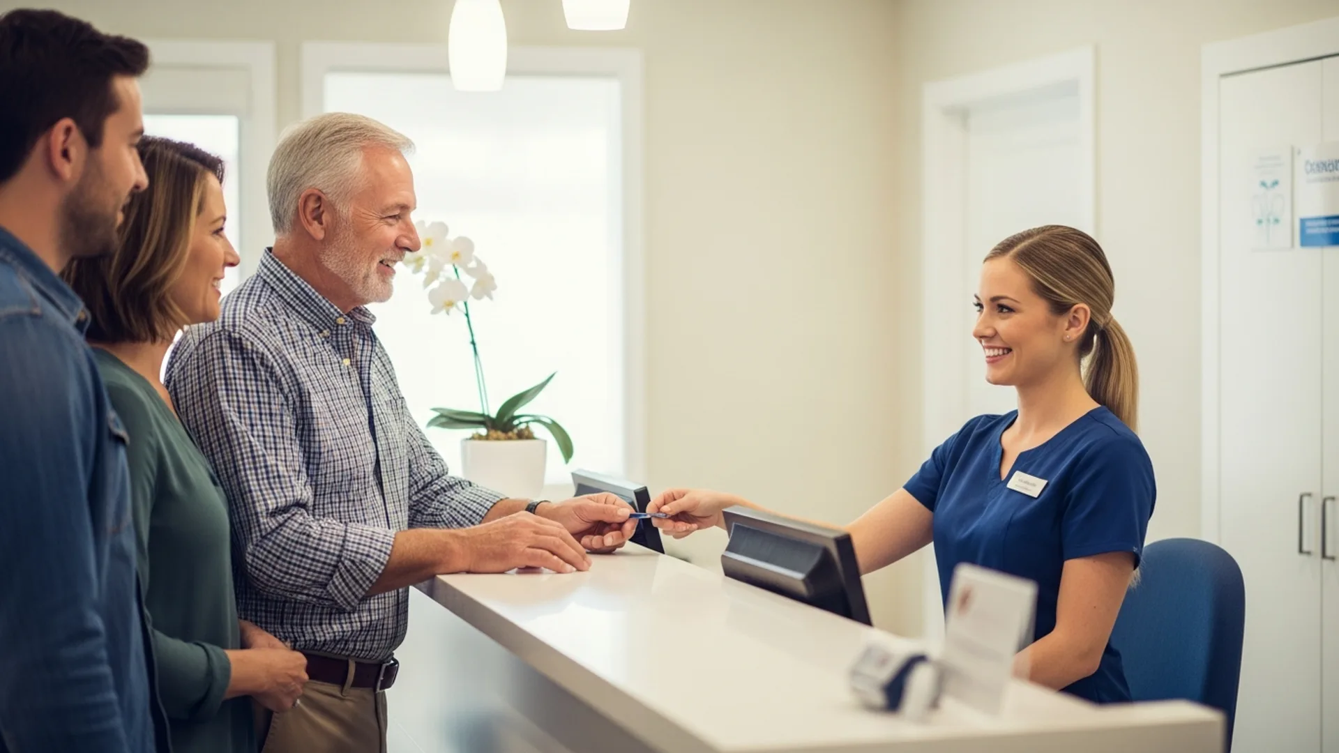 A calm patient checking in at the OSOI front desk with a family member beside them.