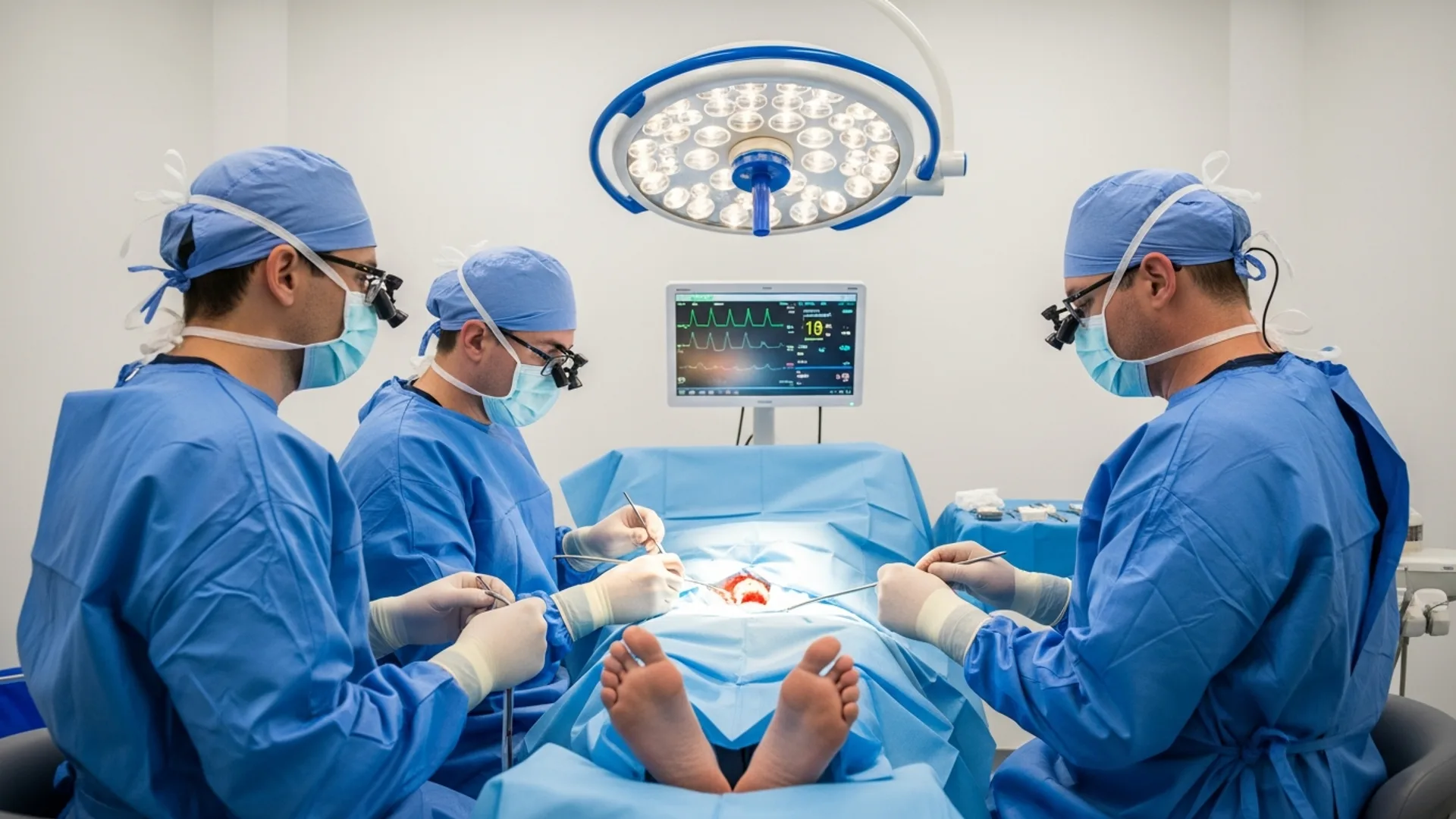 A gowned OSOI surgical team working in a modern in-office operatory with monitors in the background.
