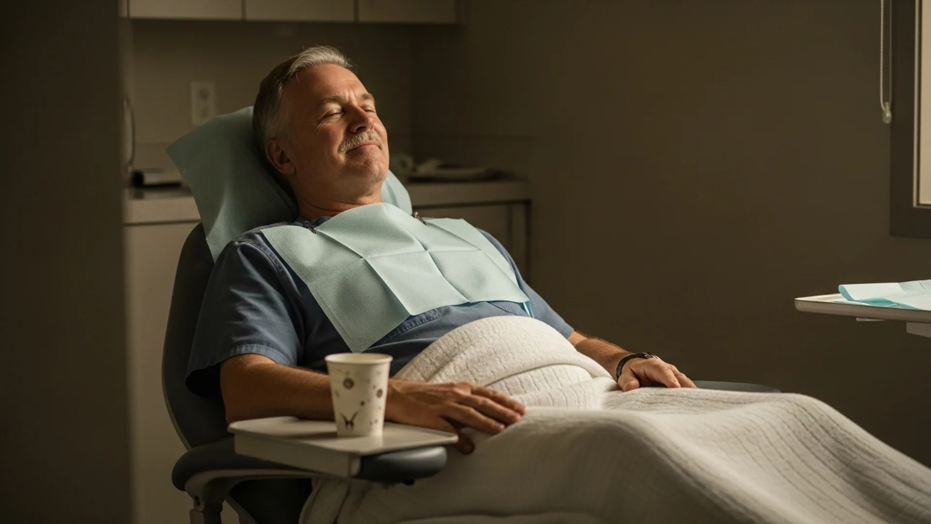 A patient seated in a recovery chair after surgery with eyes open, a calm closed-mouth smile, and a glass of water nearby.