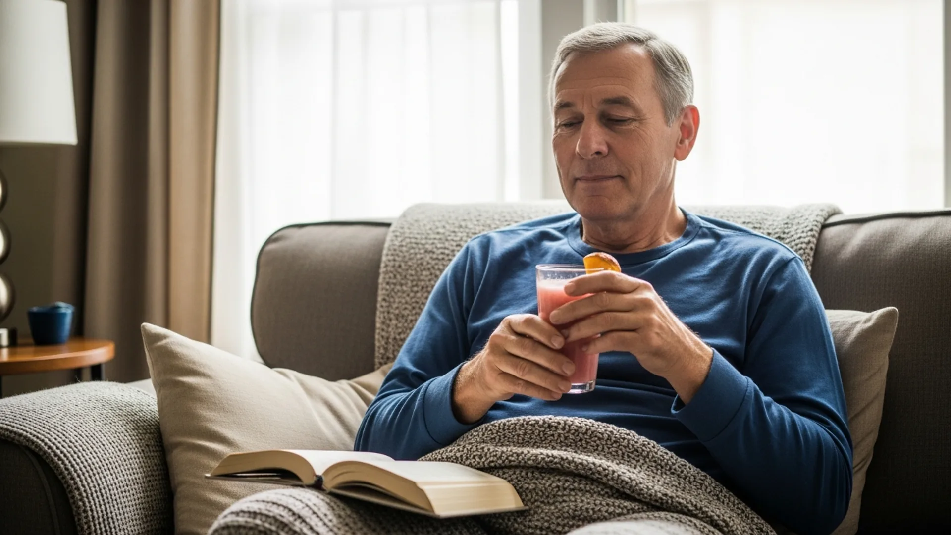 A patient resting at home on a couch in soft afternoon light, holding a smoothie with a blanket nearby.