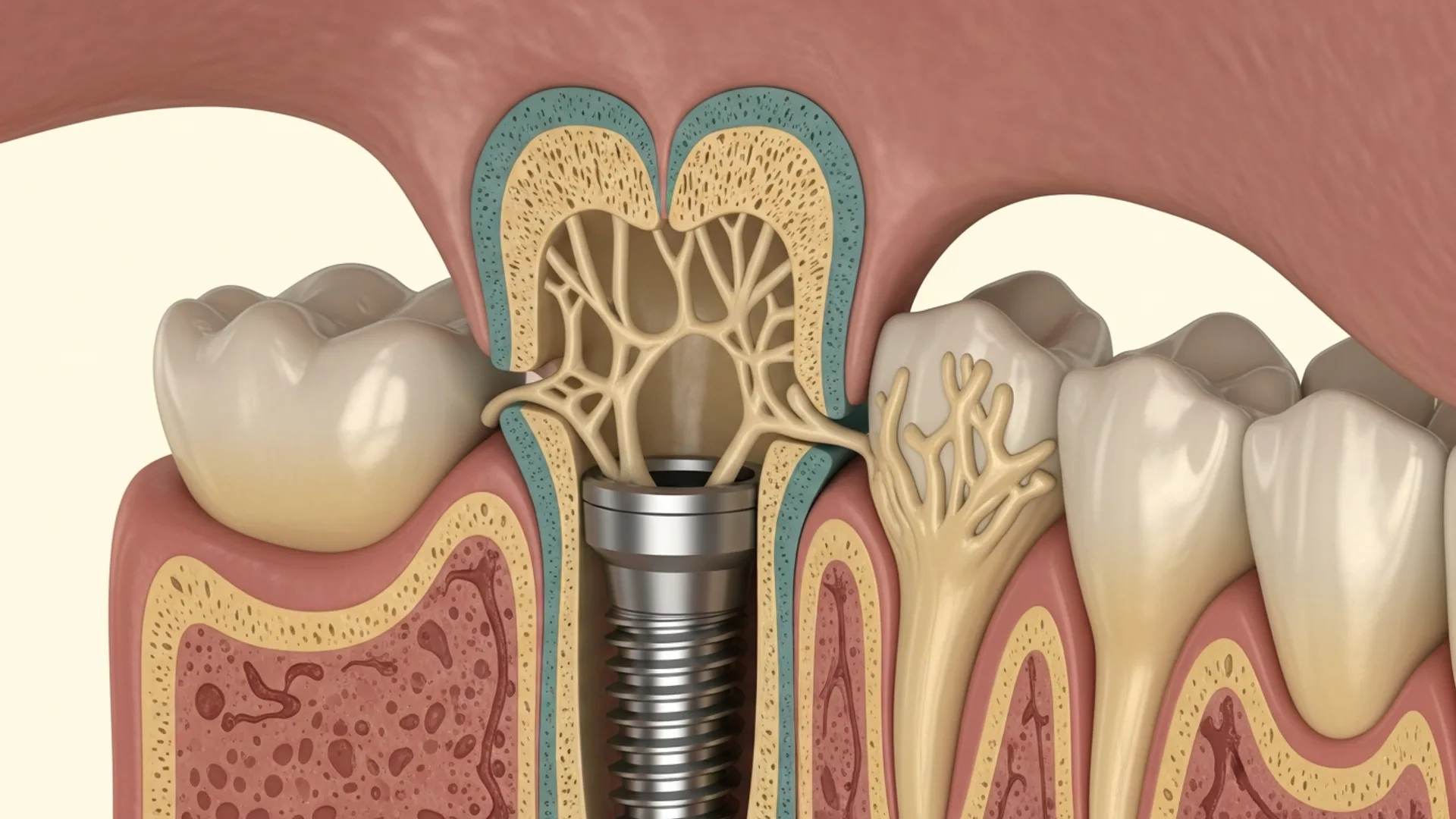 Cross-section illustration of a titanium implant beginning to integrate with surrounding trabecular bone.
