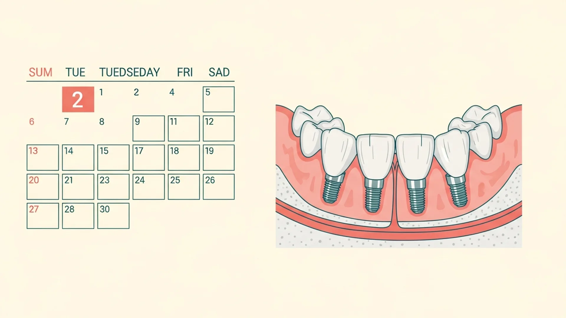 Editorial illustration showing a calendar with week two highlighted alongside healed pink gum tissue over four implants.