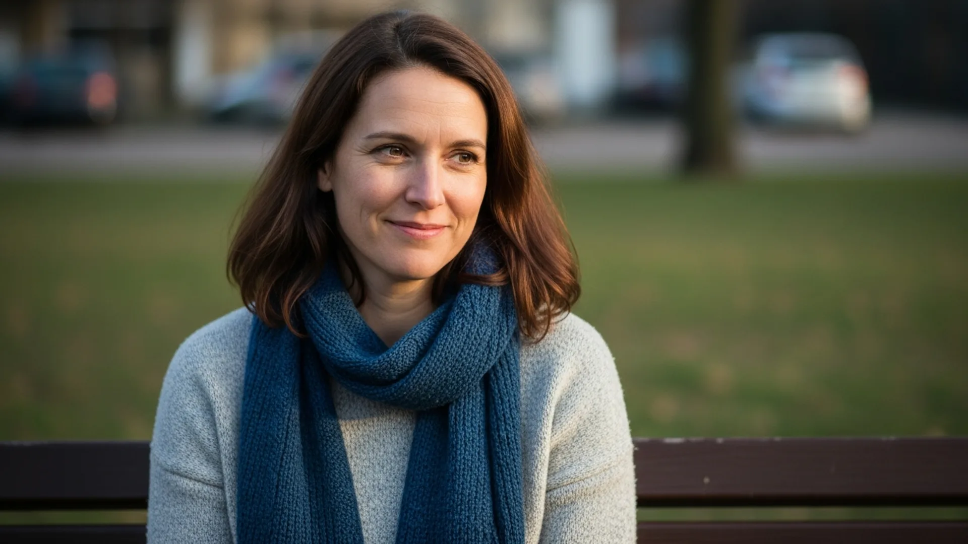 A candid photo of a patient in their 40s in a bright kitchen with a slight closed-lip smile and hand near the chin.