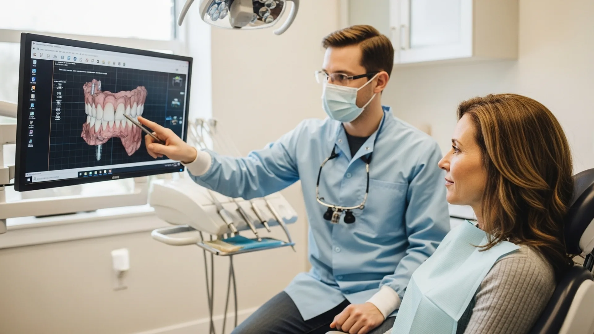 An OSOI surgeon pointing at a 3D rendering of a single implant placement plan on a chairside monitor while the patient watches.