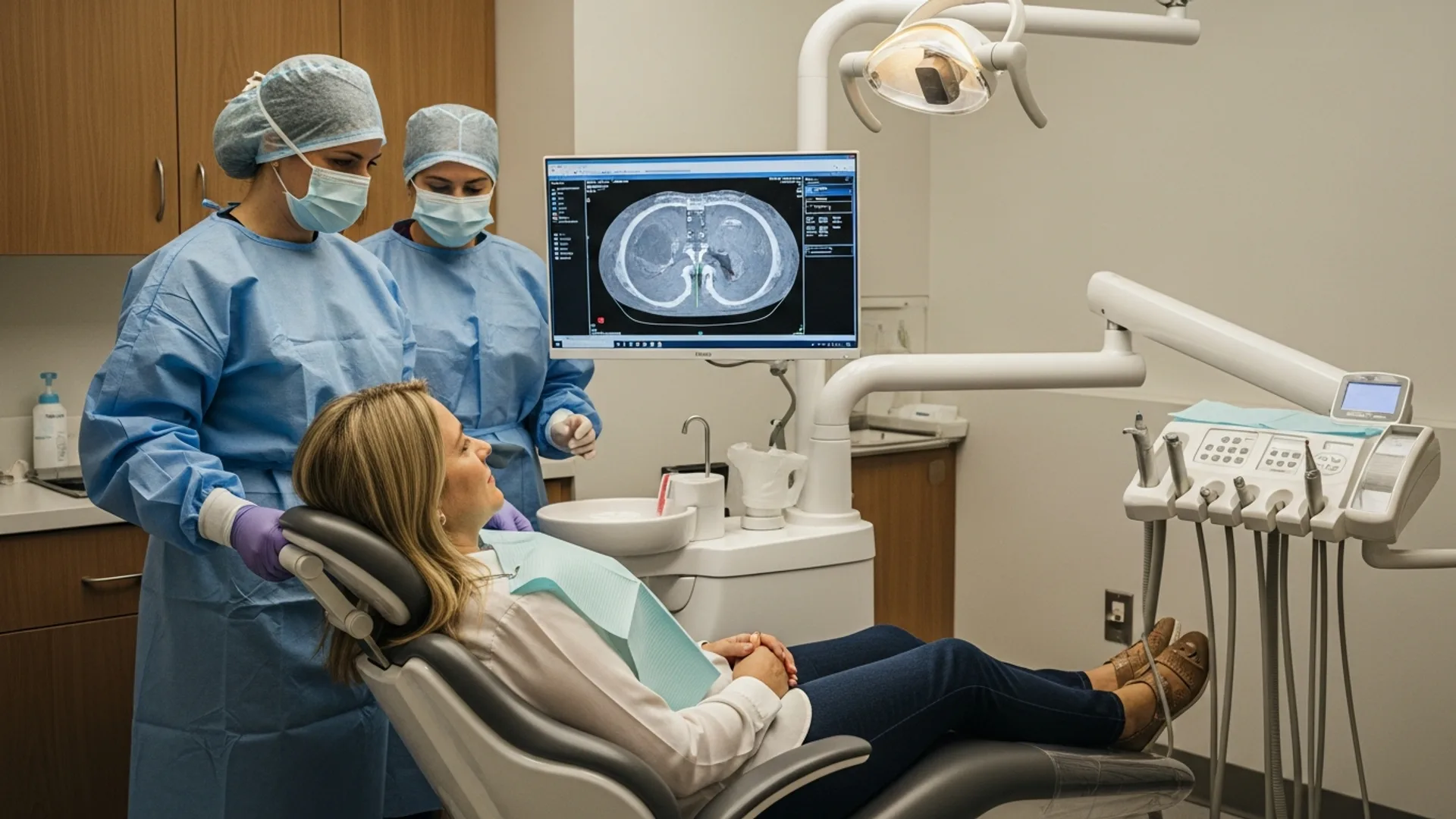 A patient relaxed in a modern operatory chair with a surgical assistant nearby and a CT plan visible on the wall monitor.