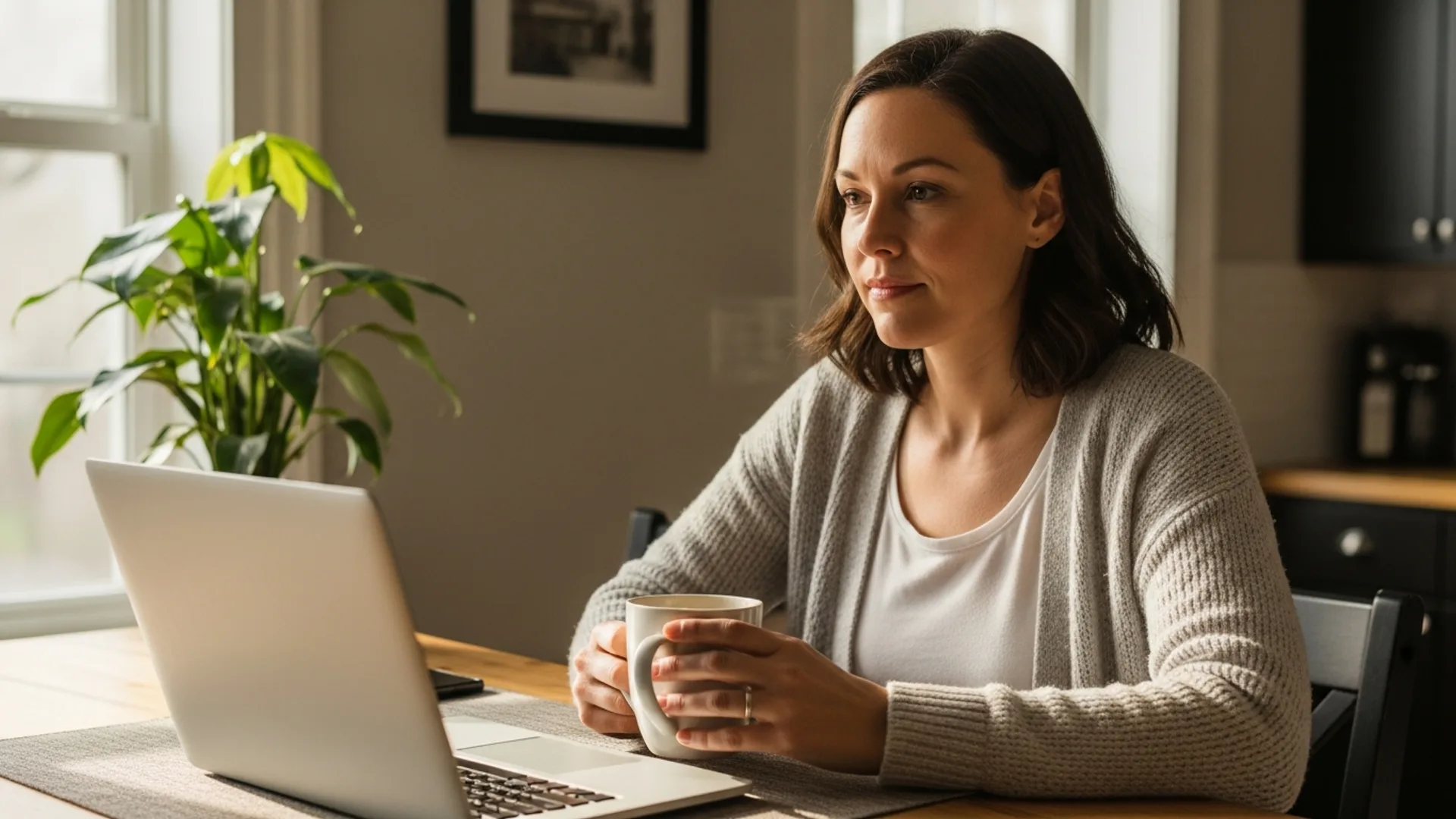 A patient at a kitchen counter the morning after surgery, holding a coffee mug with a laptop nearby, looking comfortable.