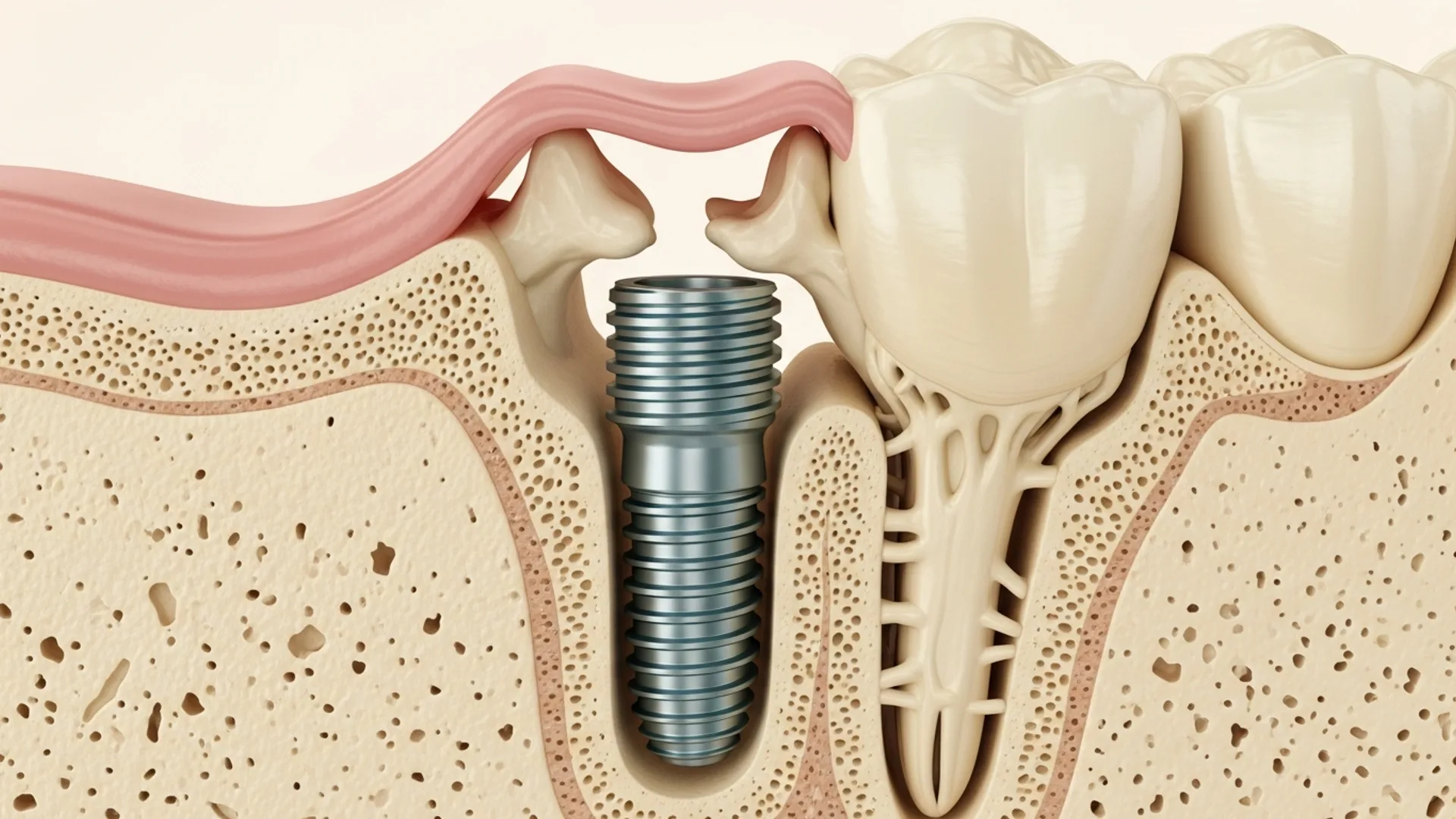 Cross-section illustration of a single titanium implant integrating with bone at the three-month mark.