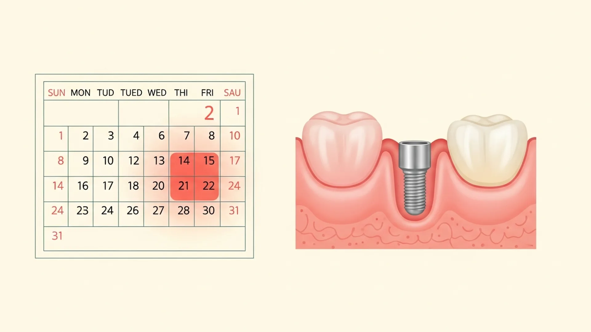 Editorial illustration of a calendar with week two highlighted alongside healed pink gum tissue over a single healing cap.