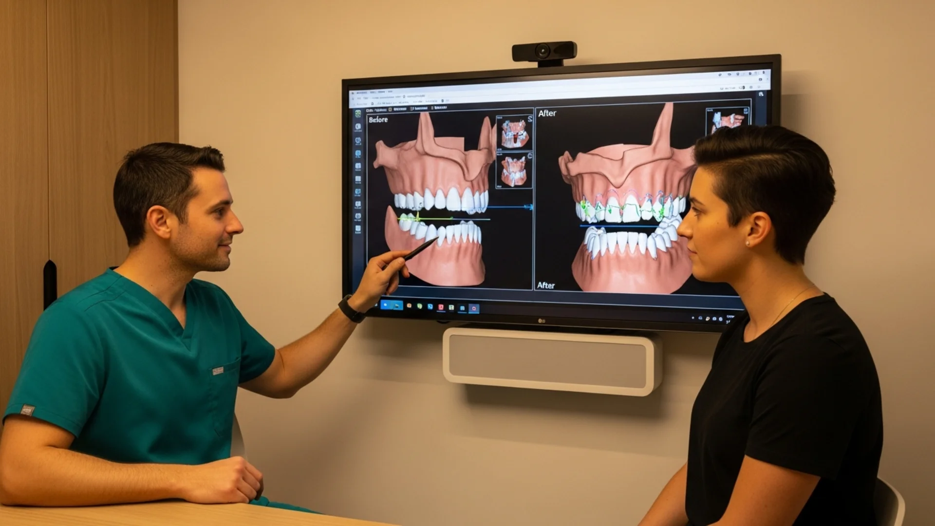 REPLACE: Surgeon and patient reviewing a 3D virtual surgical plan on a large monitor — before/after profile renderings side by side.