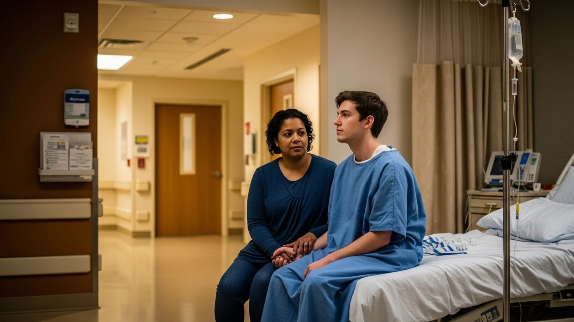 REPLACE: Patient in pre-op gown with family member, calm, hospital admission area.