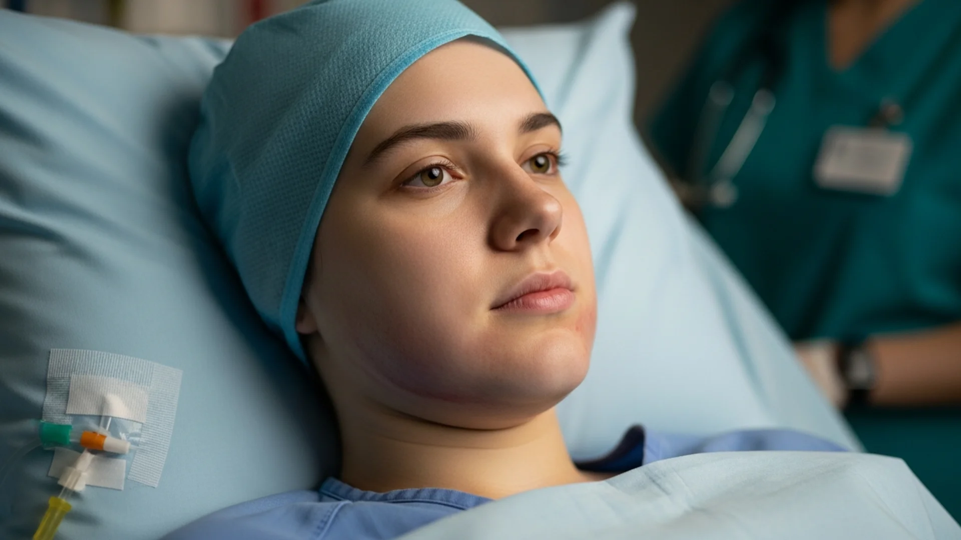 REPLACE: Patient in PACU bed with mild facial swelling, eyes open, IV fluids running, no external bandages.