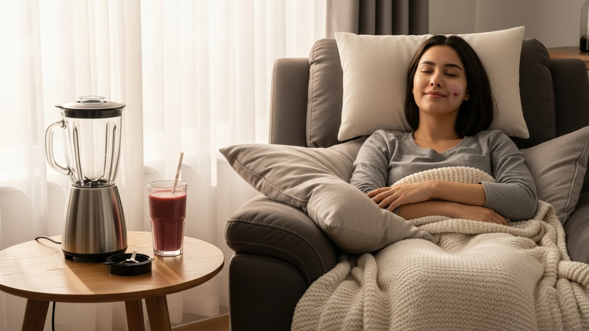 REPLACE: Patient at home in a recliner, propped upright with pillows, blender and protein smoothies on side table, soft afternoon light.