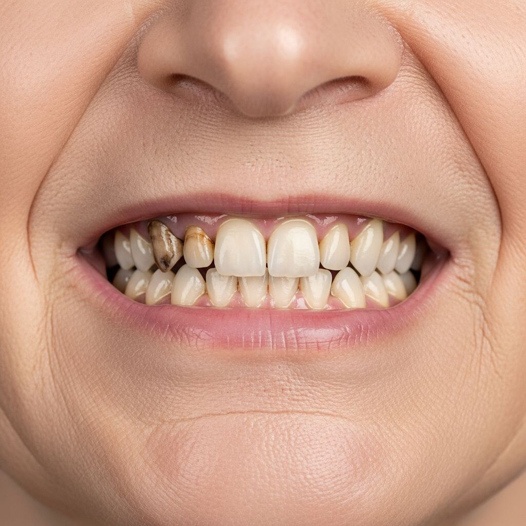 Illustration: smile before full arch dental implant treatment — example 1