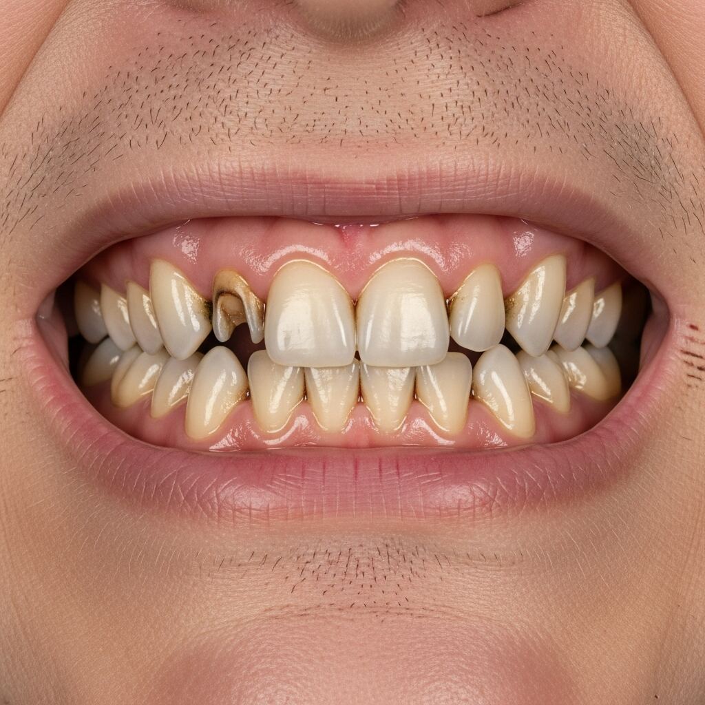 Illustration: smile before full arch dental implant treatment — example 3