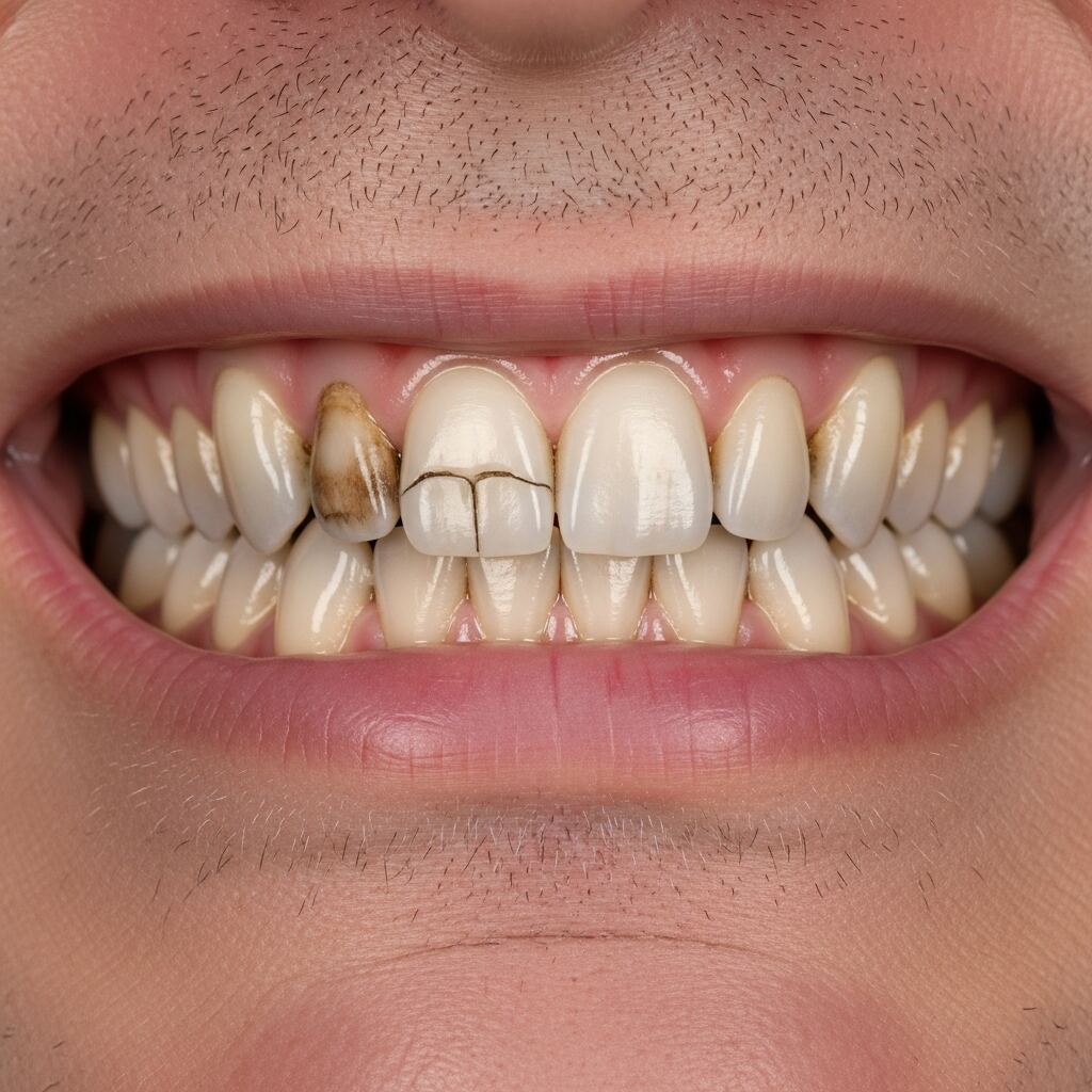 Illustration: smile before full arch dental implant treatment — example 4